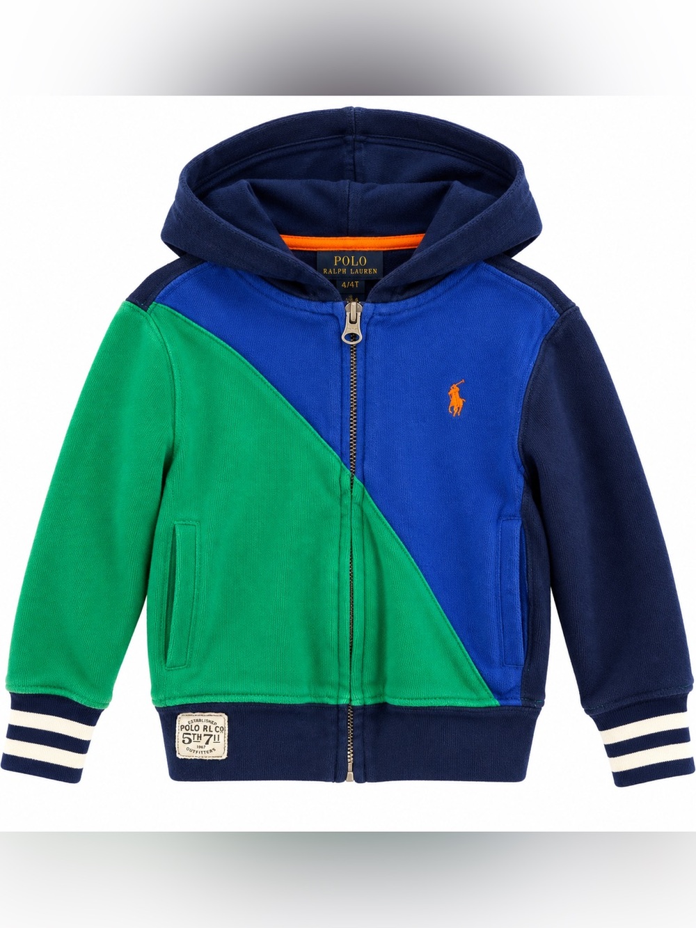 Polo Ralph Lauren Boys 4T Colorblock Full Zip Hoodie Blue Green Pony